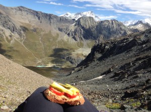 Enjoying lunch at Col du Tsate while look down on Lac de la Bayenna.